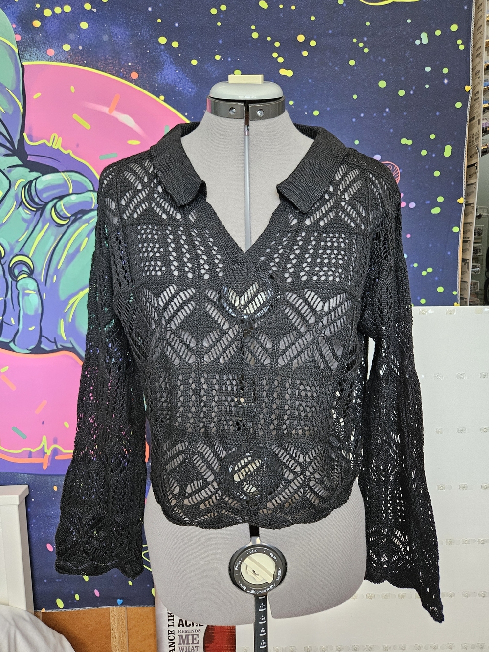 Black Open-Knit V-Neck Polo Sweater